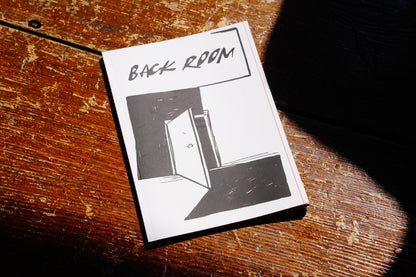A small printed booklet with the text "BACK ROOM" with a black-and-white illustration of an open door, placed on a worn wooden surface in strong sunlight.